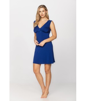 Camisón micromodal azul cobalto con escote en V de bordado y encaje